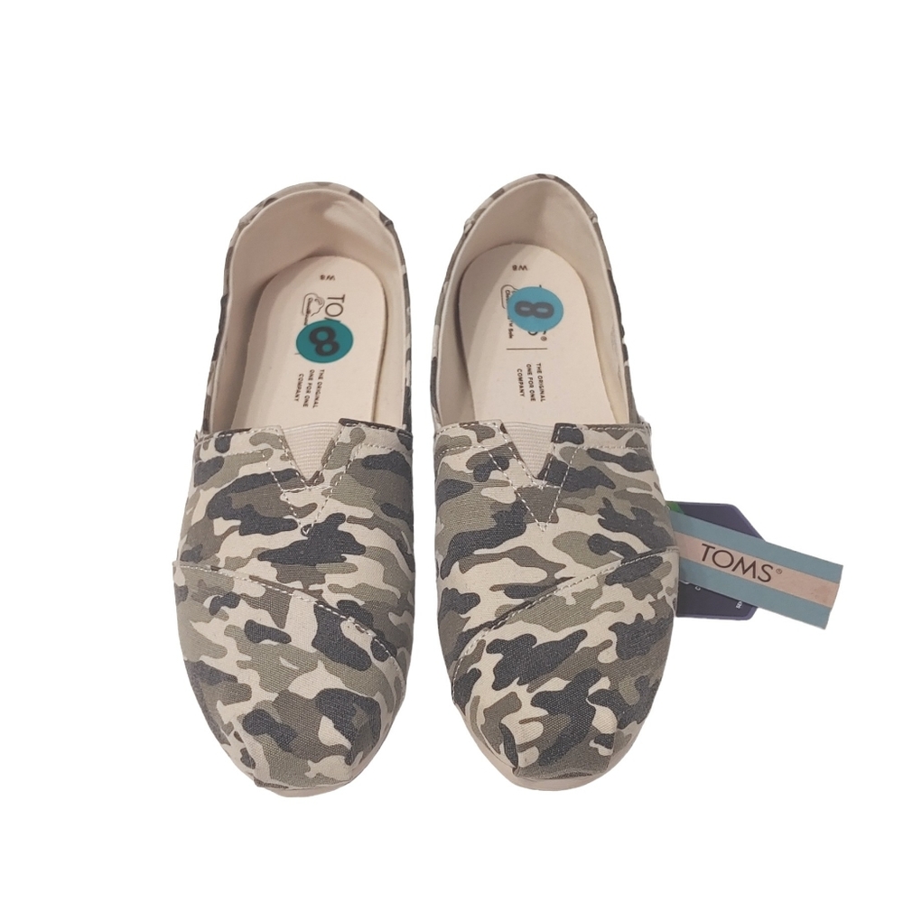 Toms women alpargata olive green camouflage print flat slip on shoes size 8W NWT